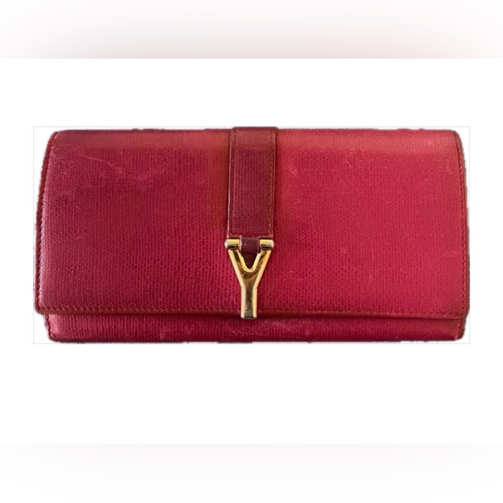 YVES SAINT LAURENT  Y Ligne Calfskin Long Wallet in Red